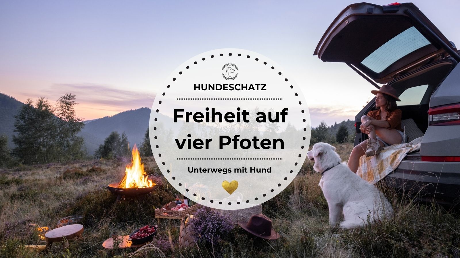 Ein weißer Hund liegt vor einem Zelt am Lagerfeuer – stimmungsvolle Szene fürs Camping mit Hund.