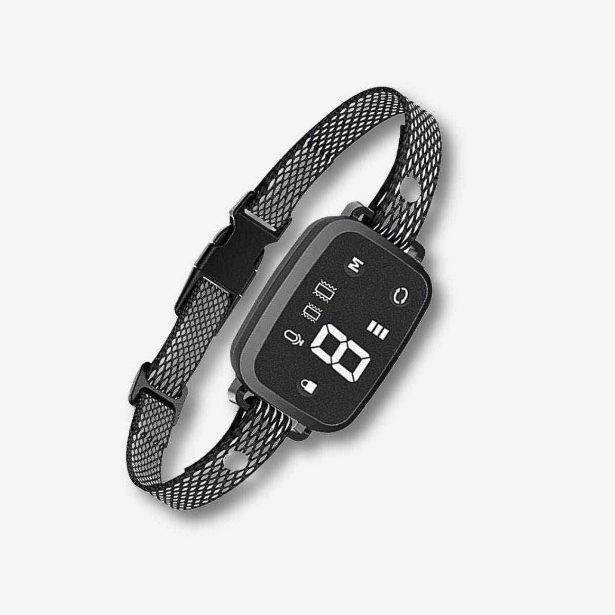 HUNDESCHATZ™ Tierfreundliches Anti-Bell Halsband in Schwarz mit weißem LED-Display, stilvollem Design und verstellbarem Nylon-Band – ideal für sanftes Hundetraining.