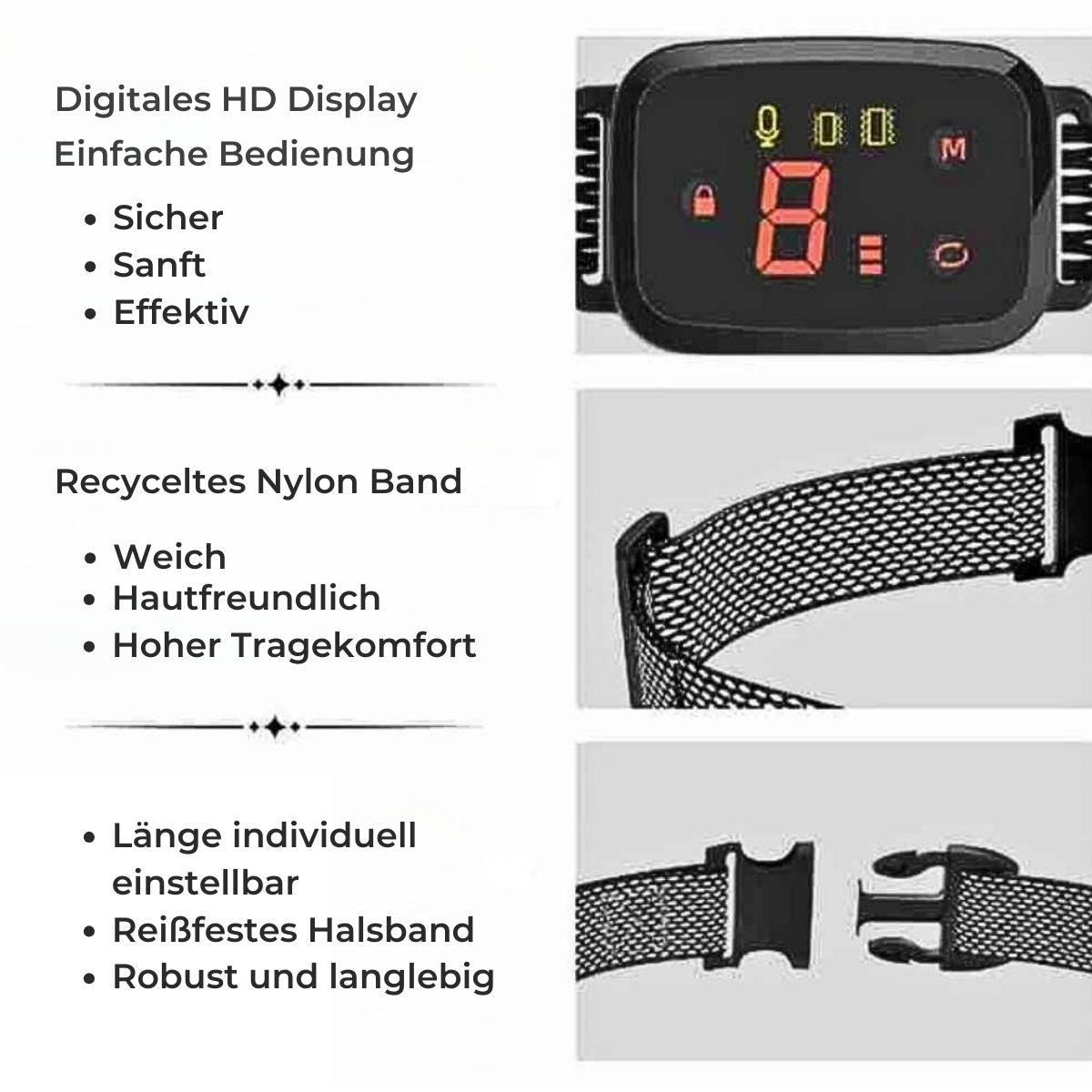 Das HUNDESCHATZ™ Tierfreundliche Anti Bell Halsband mit digitalem HD-Display für einfache Bedienung sowie einem hautfreundlichen, recycelten Nylon-Band mit hoher Tragekomfort und individuell einstellbarer Länge – sicher, sanft und effektiv.
