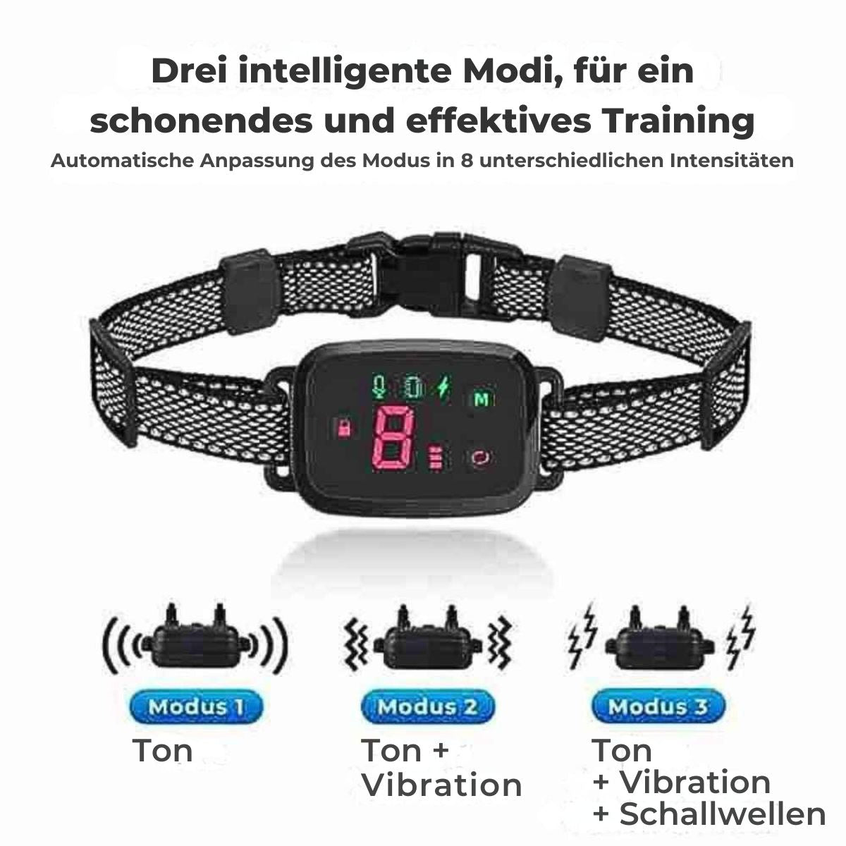 Das HUNDESCHATZ™ - Tierfreundliche Antibellhalsband mit drei intelligenten Modi (Ton, Ton + Vibration, Ton + Vibration + Schallwellen) und einstellbaren Intensitäten für ein schonendes und effektives Hundetraining.