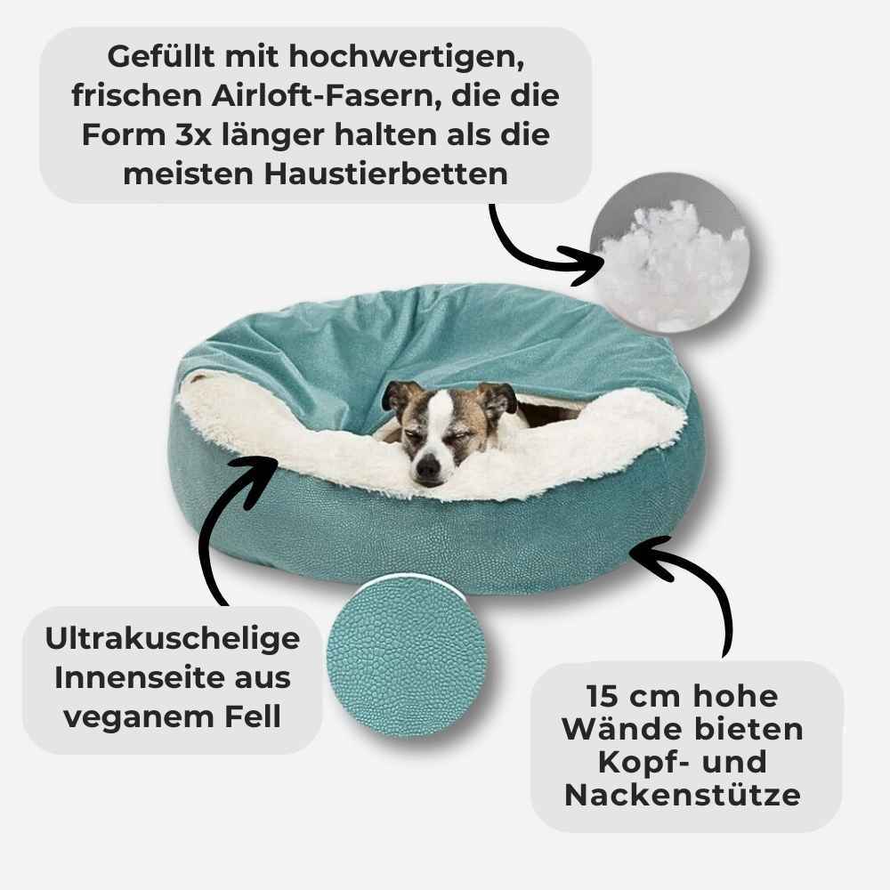 Die beruhigende Hundehöhle – HUNDESCHATZ™ mit hochwertigen Airloft-Fasern für langanhaltende Form, ultrakuschliger Innenseite aus veganem Fell und 15 cm hohen Wänden, die Kopf- und Nackenstütze bieten. Ideal für Komfort und Geborgenheit.
