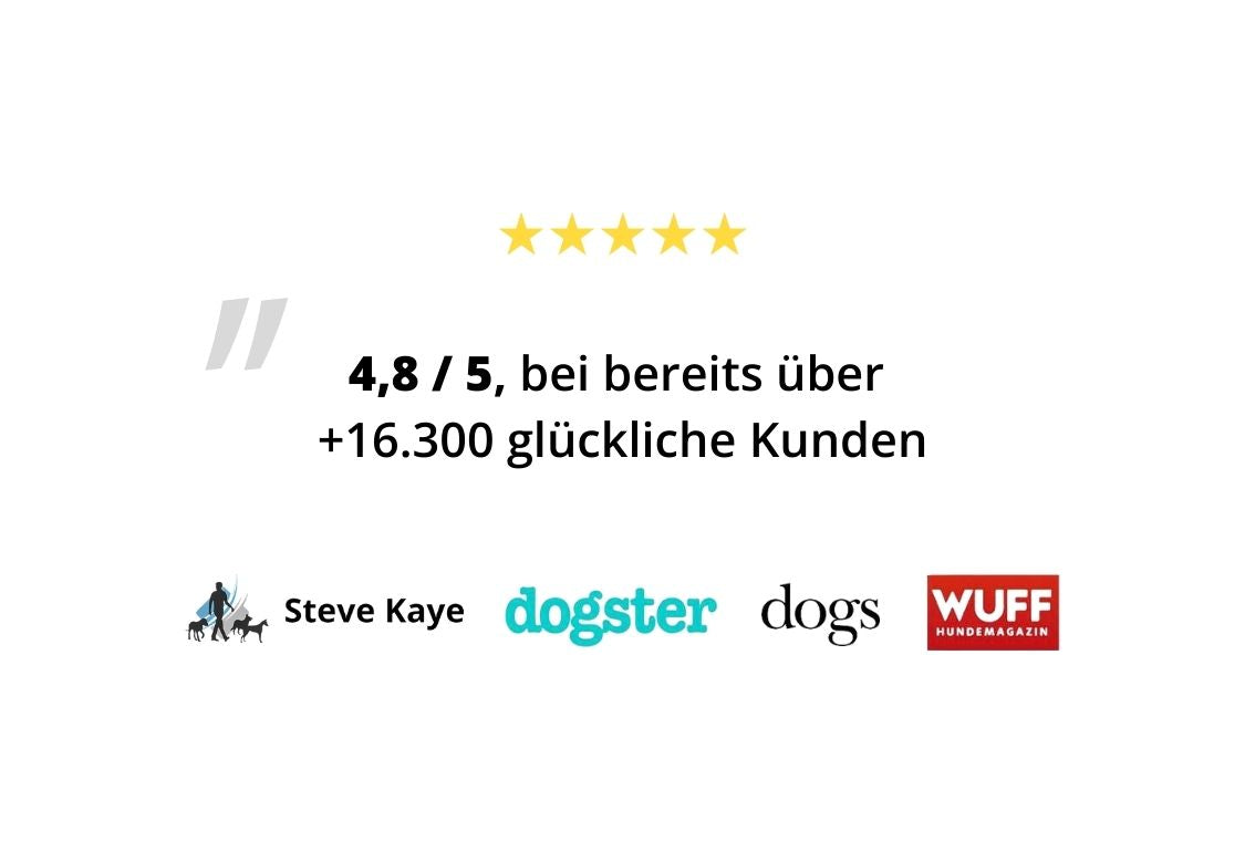 Bewertung 4,8 von 5 Sternen bei über 16.300 zufriedenen Kunden – empfohlen von Magazinen wie dogster, WUFF, dogs und Hundetrainer Steve Kaye.