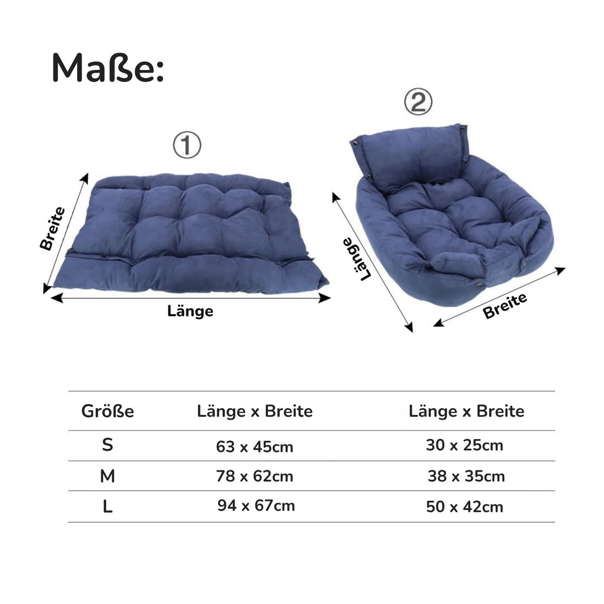 Größentabelle des 3-in-1 Hundebetts mit hohem Rand – Maße in flacher und geschlossener Form für S, M und L, HUNDESCHATZ