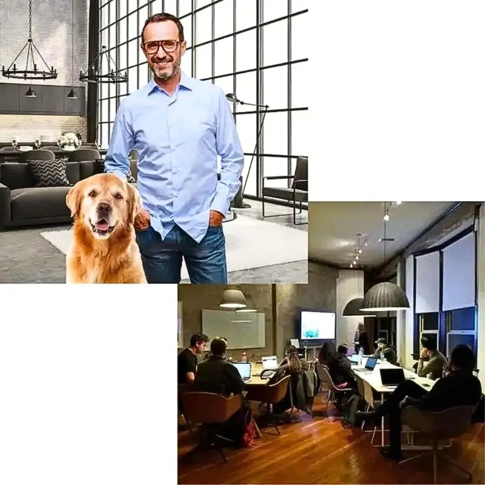 Gründer von HUNDESCHATZ mit Golden Retriever in modernem Loft sowie Team in kreativer Besprechung – das Herz und Hirn hinter der Marke für hochwertiges Hundezubehör.