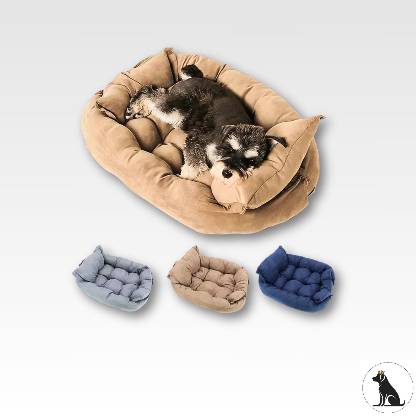 Kleiner Hund liegt im beigen Hundebett mit hohem Rand – darunter drei Farbvarianten in Grau, Beige und Blau zur Auswahl, waschbar, HUNDESCHATZ