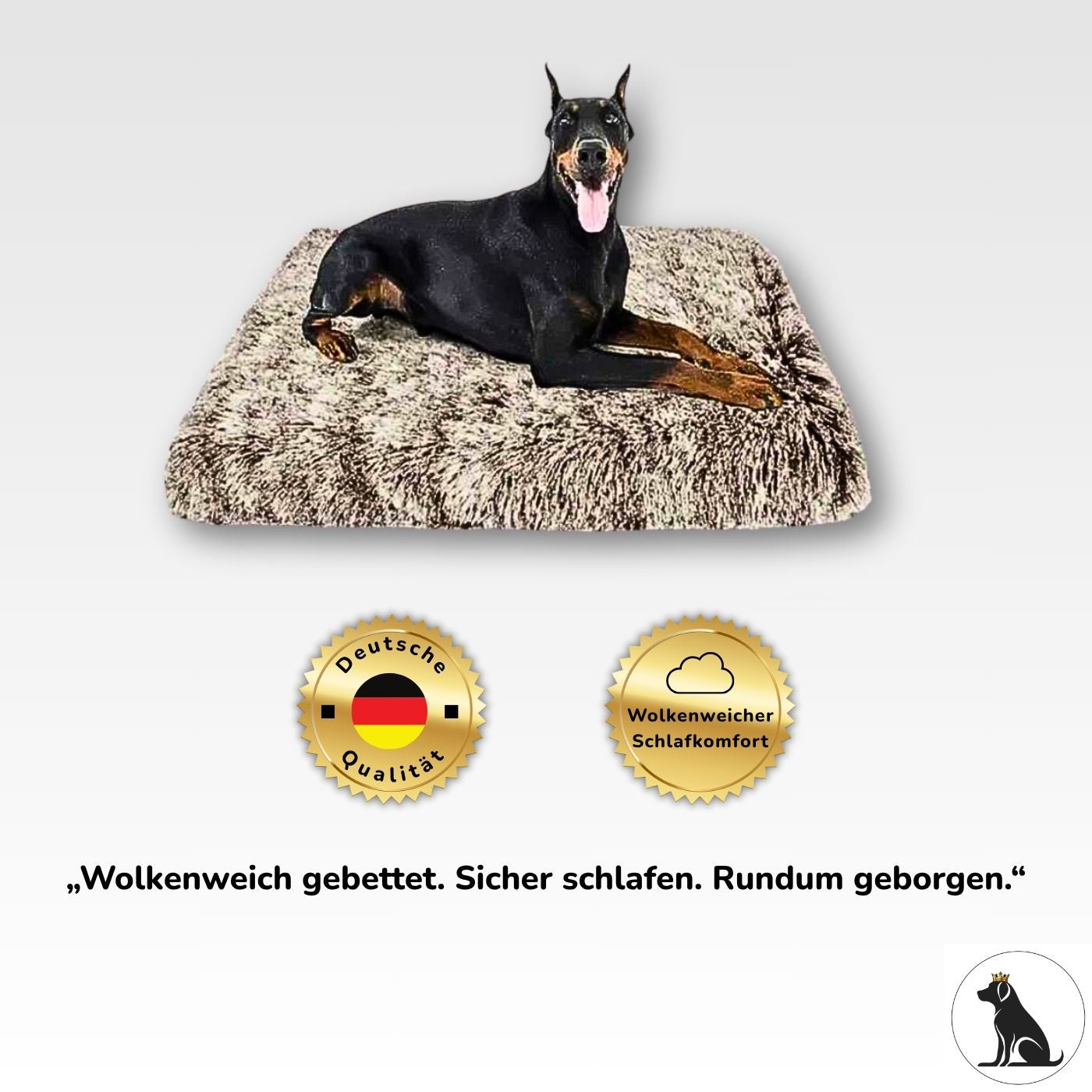 Großer Hund entspannt auf Premium Hundekissen – wolkenweicher Schlafkomfort, sicherer Schlaf und deutsche Qualität | HUNDESCHATZ