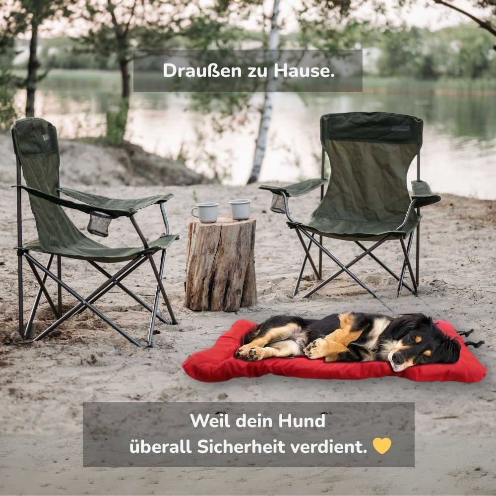 Hund liegt entspannt auf Outdoor Hundematte am Strand – ideal für Camping, Ausflüge und unterwegs mit HUNDESCHATZ