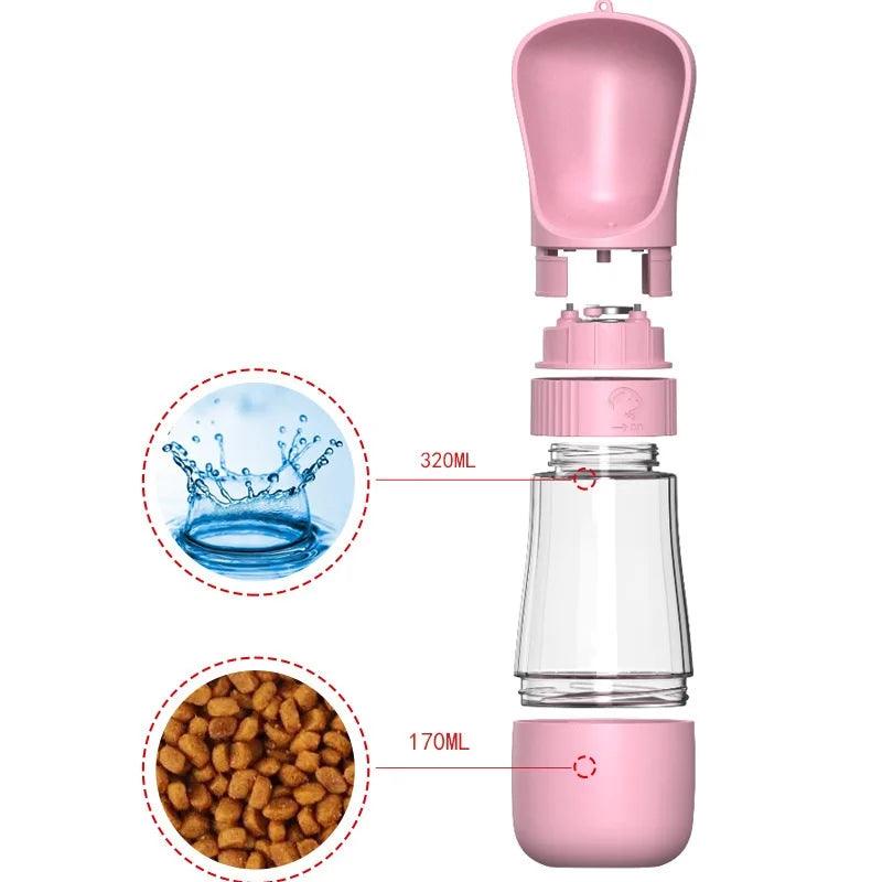 HUNDESCHATZ™ Hundetrinkflasche mit Futterbehälter – detaillierter Aufbau der Flasche in Rosa, mit 320 ml Fassungsvermögen für Wasser und 170 ml für Snacks, ideal für unterwegs.