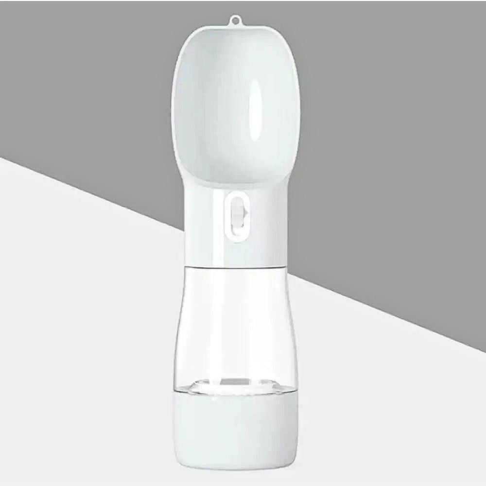 HUNDESCHATZ™ Hundetrinkflasche mit Futterbehälter in Grau – praktisches Design für Hunde mit separatem Bereich für Wasser und Snacks, ideal für unterwegs.