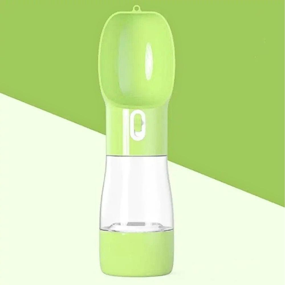 HUNDESCHATZ™ Hundetrinkflasche mit Futterbehälter in Grün – praktisches Design für Hunde mit separatem Bereich für Wasser und Snacks, ideal für unterwegs.