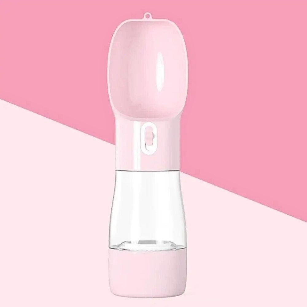 HUNDESCHATZ™ Hundetrinkflasche mit Futterbehälter in Rosa – praktisches Design für Hunde mit separatem Bereich für Wasser und Snacks, ideal für unterwegs.