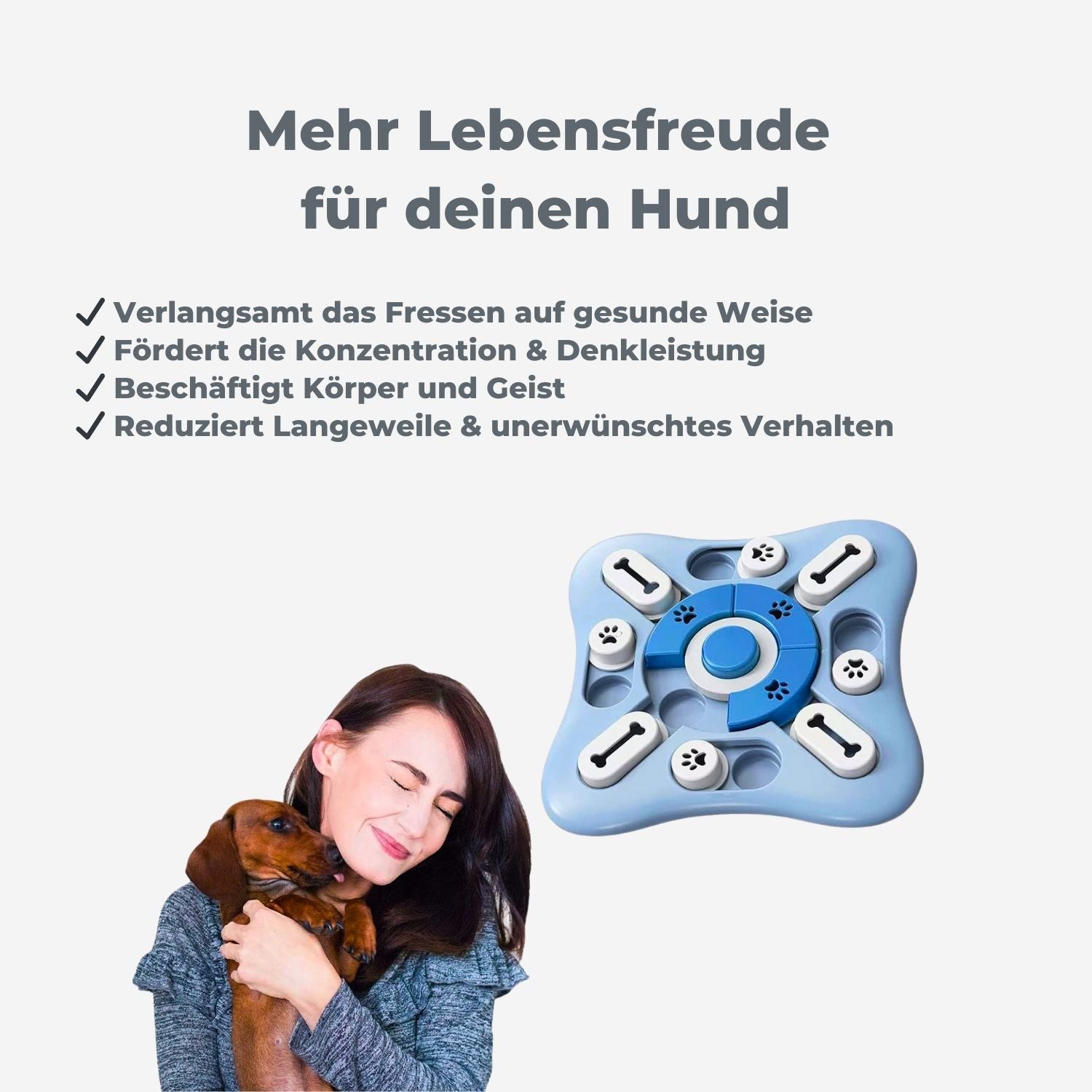 Frau kuschelt glücklich mit Hund, daneben Intelligenzspielzeug für Hunde mit Vorteilen wie langsamerem Fressen, geistiger Beschäftigung und weniger Langeweile.