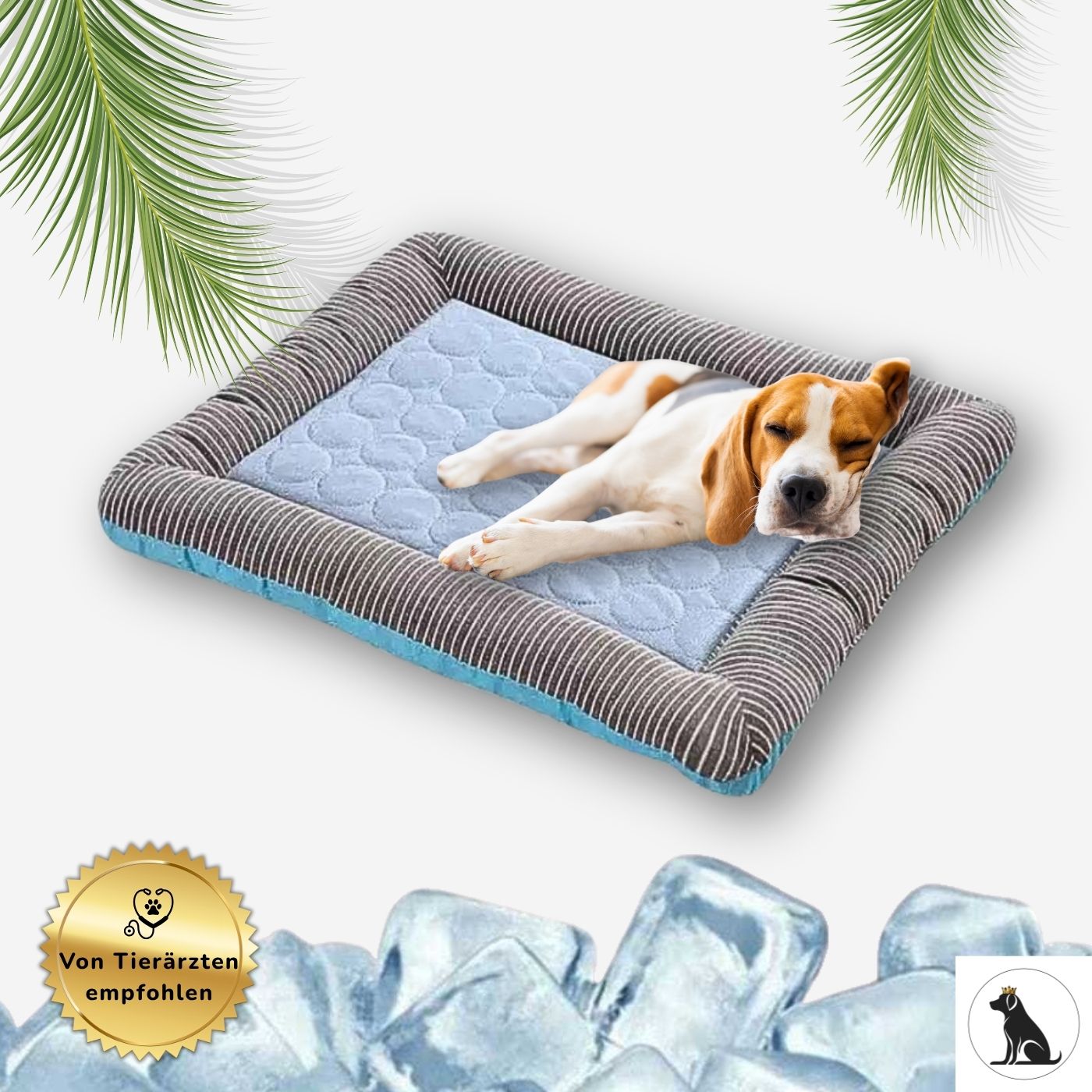 Atmungsaktive Premium Kühlmatte von Hundeschatz. Ein Beagle liegt entspannt auf der Kühlmatte. Sie wird von Tierärzten empfohlen.