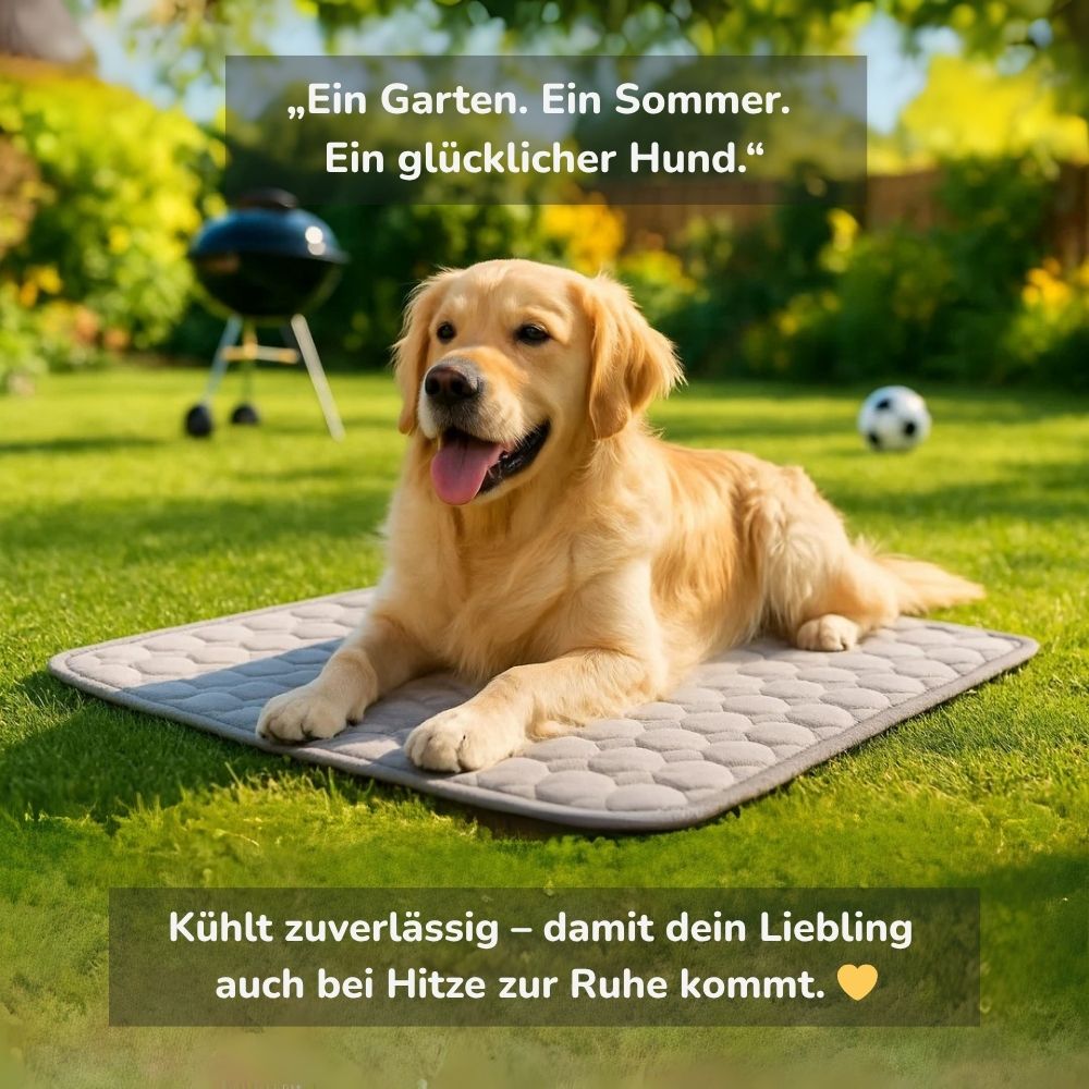 Hund auf Kühlmatte im Garten – HUNDESCHATZ Kühlmatte sorgt für Abkühlung und entspannten Sommer