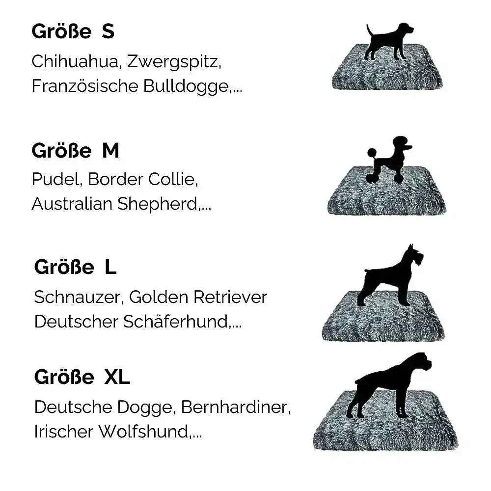 Größenguide für das Premium Hundekissen aus Kordsamt von HUNDESCHATZ™ mit Empfehlungen für verschiedene Hunderassen: Größe S für Chihuahua, Zwergspitz, Französische Bulldogge; Größe M für Pudel, Border Collie, Australian Shepherd; Größe L für Schnauzer, Golden Retriever, Deutscher Schäferhund; Größe XL für Deutsche Dogge, Bernhardiner, Irischer Wolfshund.