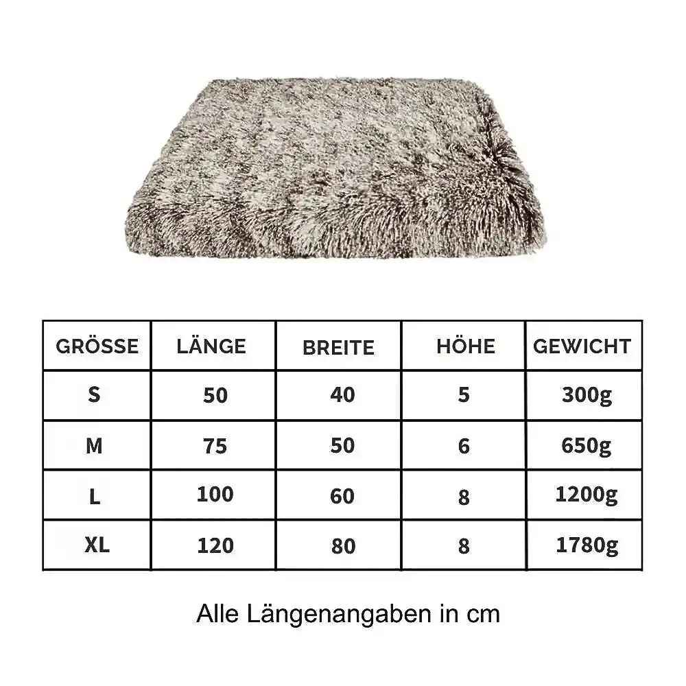 Größentabelle des Premium Hundekissens aus Kordsamt von HUNDESCHATZ™ mit den Maßen und Gewichten für S, M, L und XL. Länge, Breite und Höhe in cm angegeben.