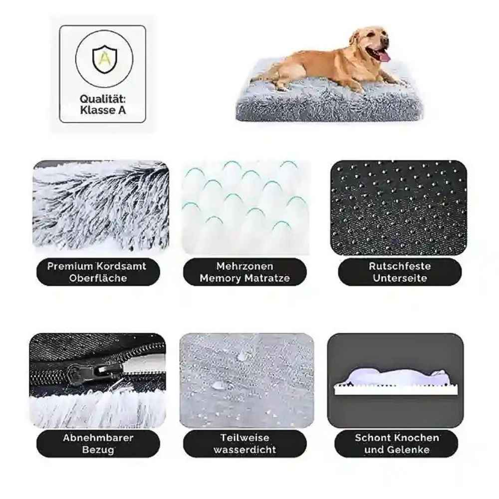 Übersicht der Merkmale des Premium Hundekissens aus Kordsamt von HUNDESCHATZ™: weiche Kordsamt-Oberfläche, Mehrzonen-Memory-Matratze, rutschfeste Unterseite, abnehmbarer Bezug, teilweise wasserdicht, schont Knochen und Gelenke.