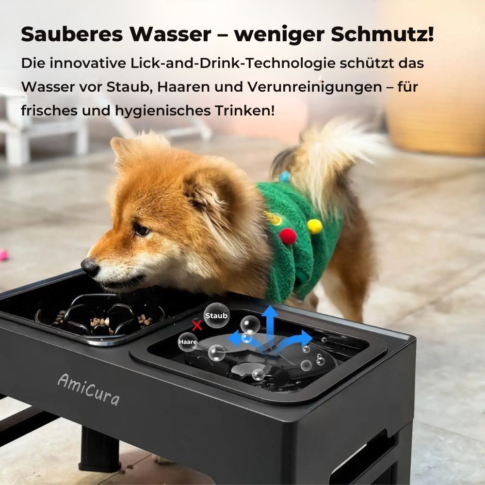 Der Anti-Schling Napf "AmiCura" – HUNDESCHATZ™ mit innovativer Lick-and-Drink-Technologie hält das Wasser sauber und schützt vor Staub, Haaren und Schmutz für frisches, hygienisches Trinken. Ideal für eine gesunde Flüssigkeitsaufnahme.