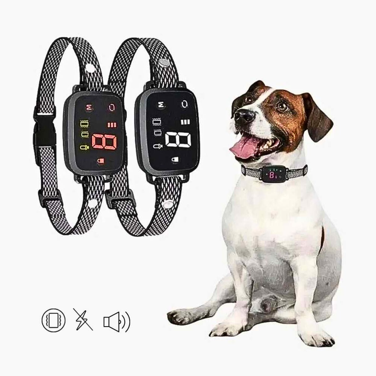 HUNDESCHATZ™ - Tierfreundliches Anti Bell Halsband mit moderner Anzeige und verstellbarem Halsband, getragen von einem fröhlichen Hund neben einer Nahaufnahme des Produkts.