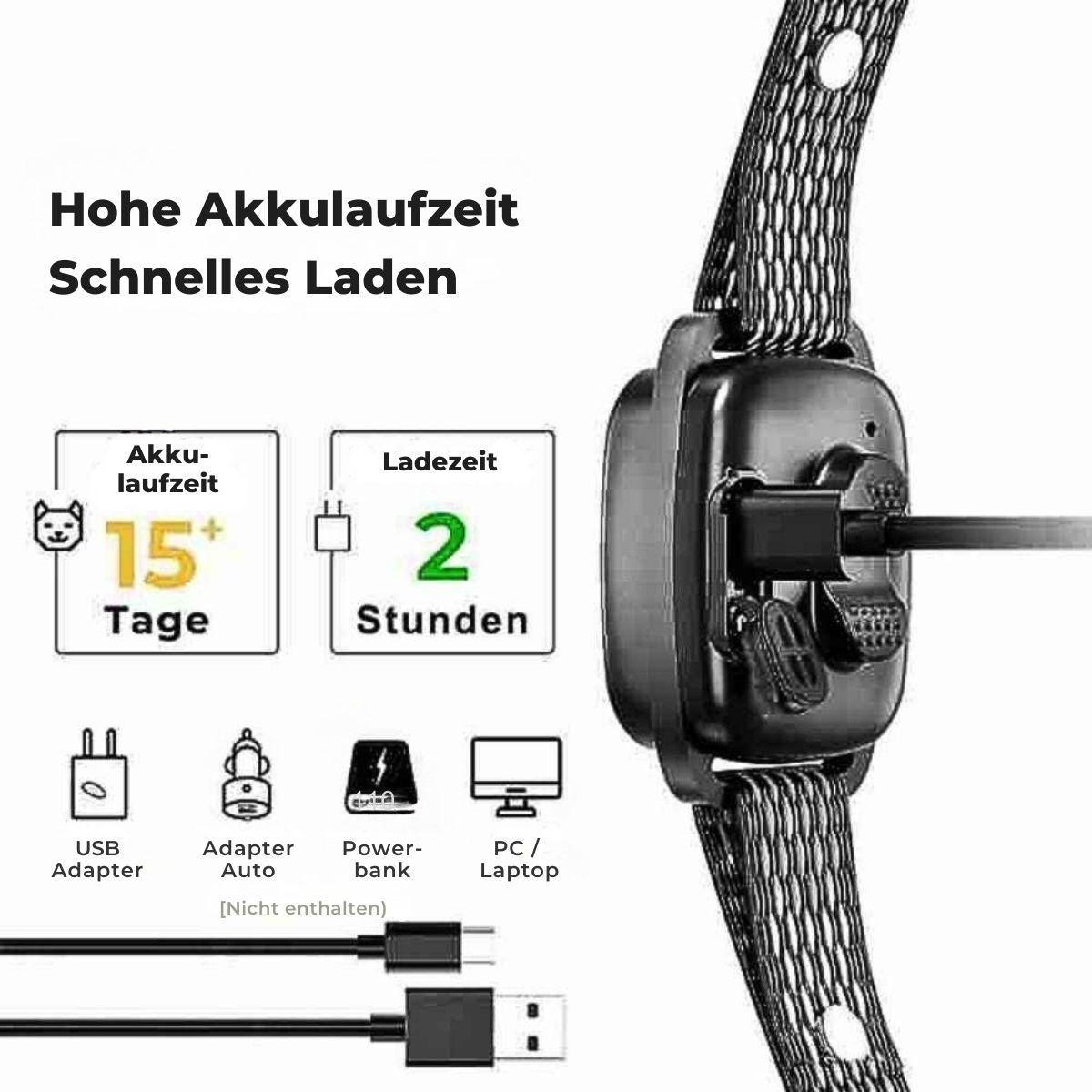 Detailansicht des HUNDESCHATZ™ Tierfreundlichen Anti Bell Halsbands mit über 15 Tagen Akkulaufzeit und schneller Ladezeit von nur 2 Stunden, kompatibel mit verschiedenen Ladegeräten wie USB-Adaptern, Powerbanks und Laptops – ideal für nachhaltiges Hundetraining.