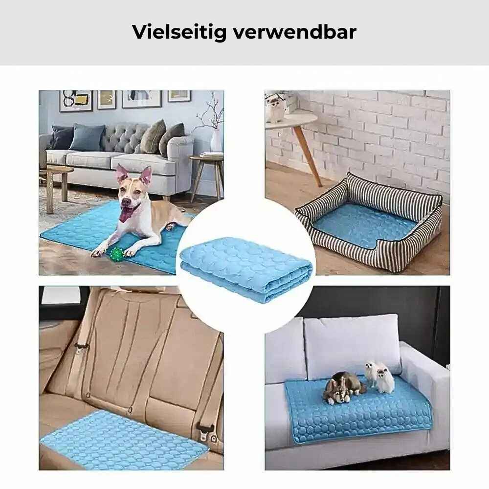 Darstellung der vielseitigen Verwendbarkeit der HUNDESCHATZ™ - PREMIUM KÜHLMATTE DogCool® V.2. Gezeigt werden Nutzungsmöglichkeiten: auf dem Boden im Wohnzimmer, im Hundebett, auf Autositzen und auf einem Sofa. Die Matte bietet Komfort und Kühlung für Hunde in verschiedenen Alltagssituationen.