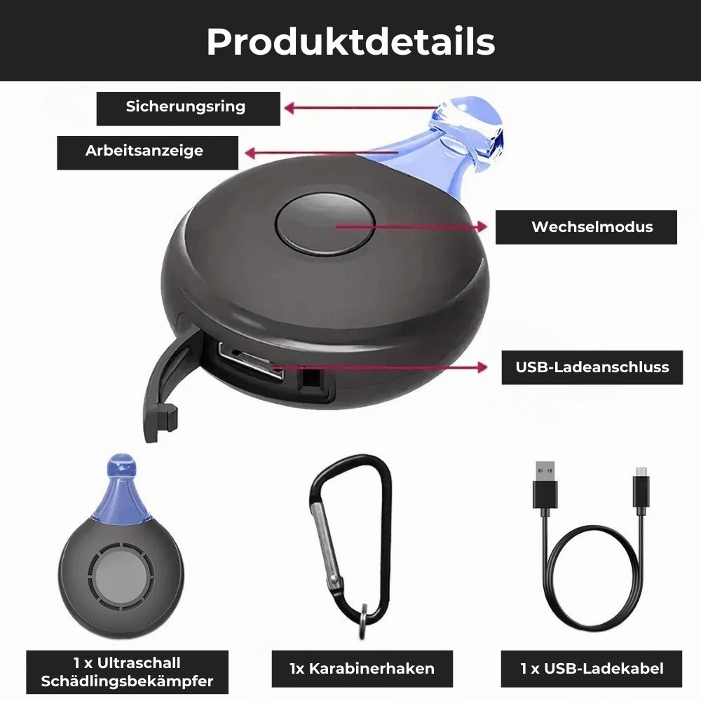 Zeckenhalsband für Hunde mit USB-Ladeanschluss, Wechselmodus, Karabinerhaken und Arbeitsanzeige – durchdachte Produktdetails für einfachen Einsatz.