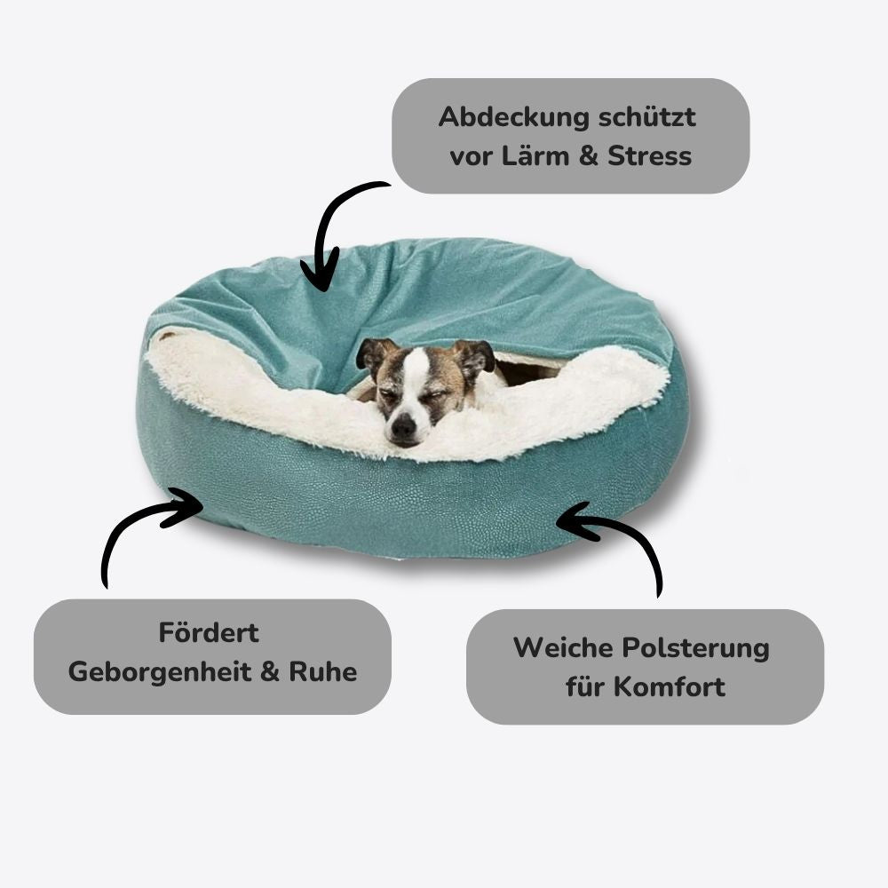 Angstlösende Hundehöhle von HUNDESCHATZ mit Abdeckung gegen Lärm und Stress, weicher Polsterung und fördernder Geborgenheit für entspannten Schlaf