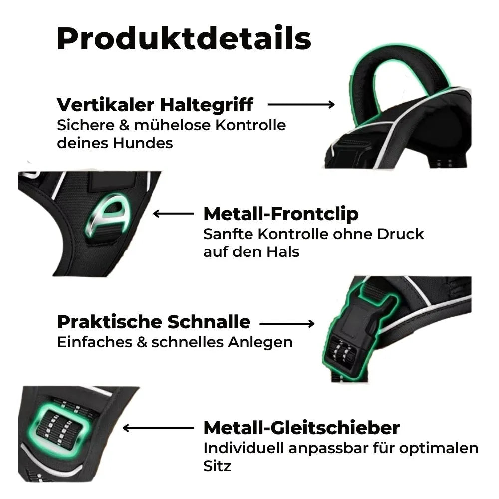 Produktdetails des Anti-Zug Hundegeschirrs: Vertikaler Haltegriff, Metall-Frontclip, praktische Schnalle & Metall-Gleitschieber für sicheren Sitz und sanfte Kontrolle.