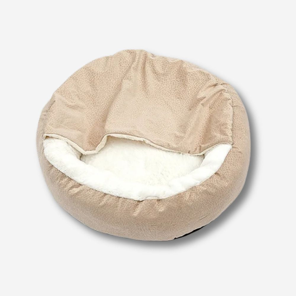 Beruhigende Hundehöhle – HUNDESCHATZ™ in Sandbeige, ideal für Hunde, die eine weiche und gemütliche Höhle für entspannende Ruhephasen suchen. Mit weichem, warmem Innenfutter.