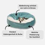 Beruhigende Hundehöhle von HUNDESCHATZ – Weiches Hundebett mit veganem Fell und Airloft-Fasern für extra Komfort.