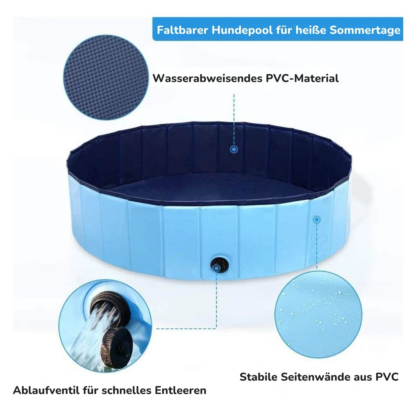 Faltbarer Hundepool mit wasserabweisendem PVC, stabile Seitenwände und Ablaufventil für schnelles Entleeren