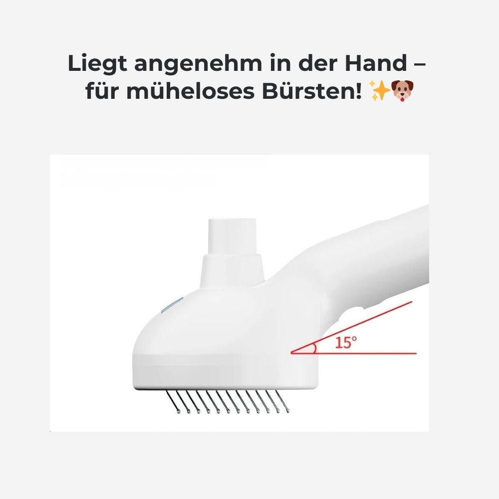 SteamGroom Pro 3in1 V2 – HUNDESCHATZ™ mit ergonomischem 15°-Griff. Liegt angenehm in der Hand für müheloses Bürsten & komfortable Fellpflege.