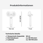 SteamGroom Pro 3in1 V2 – HUNDESCHATZ™ Produktinformationen: Maße, Wassertank-Kapazität (28 ml), Betriebsdauer (ca. 80 Min.), Ladezeit (ca. 150 Min.).