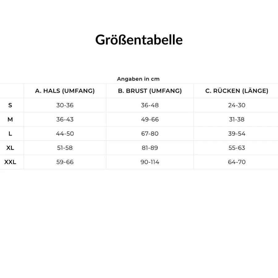 HUNDESCHATZ™ Größentabelle für Hundemäntel – Angaben zu Halsumfang, Brustumfang und Rückenlänge in cm für die Größen S, M, L, XL, XXL.