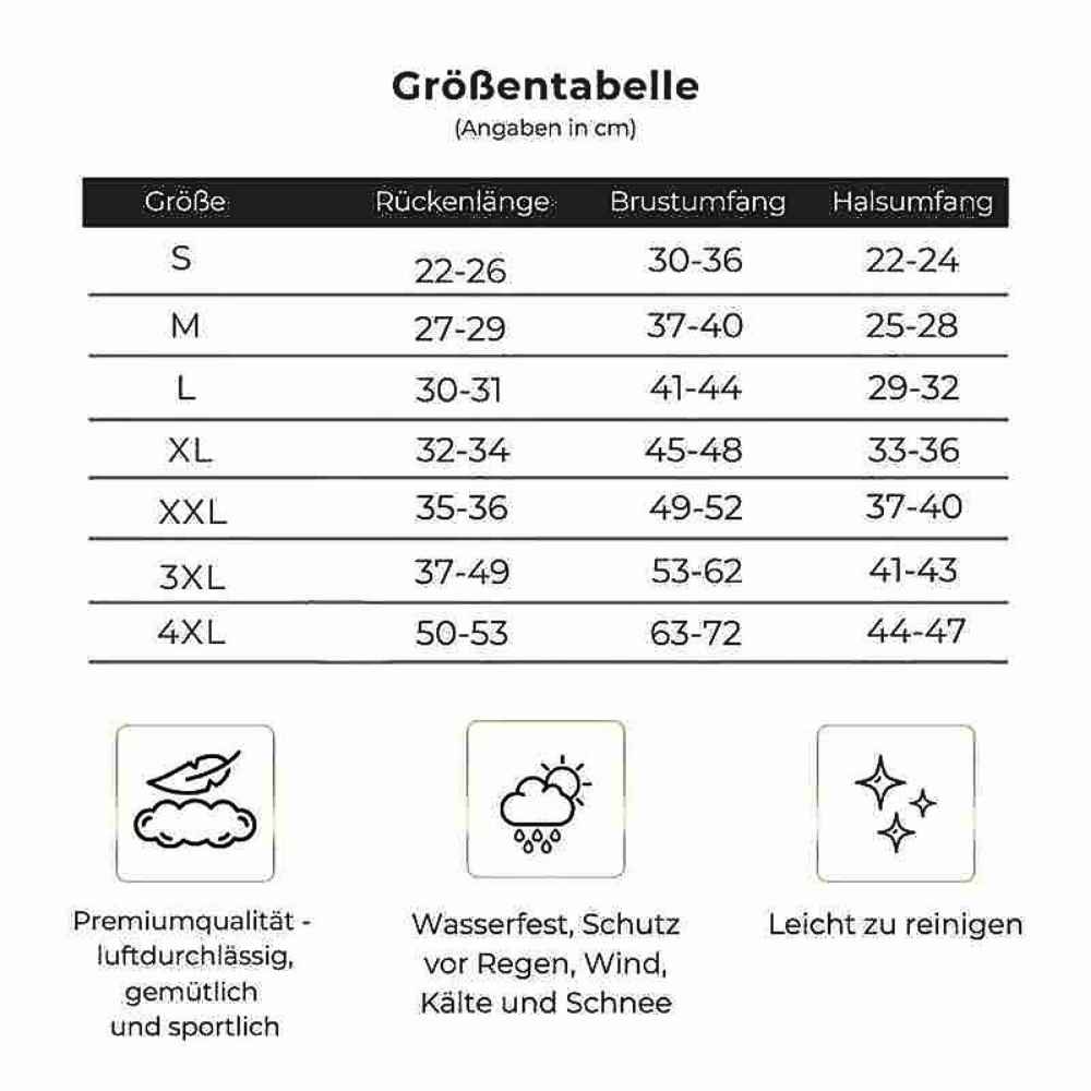 Größentabelle für einen wasserdichten Hundemantel, verfügbar in den Größen S bis 4XL, mit Angaben zu Rückenlänge, Brustumfang und Halsumfang.