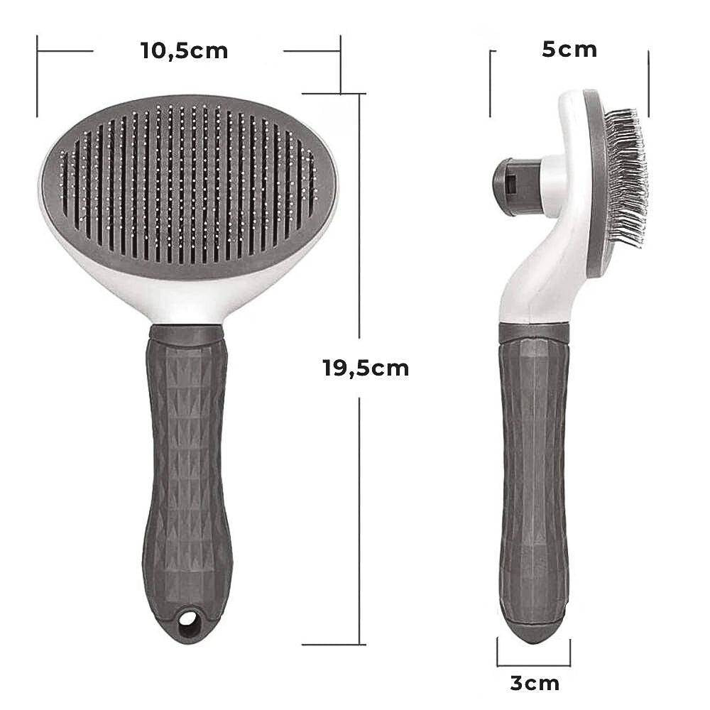 Selbstreinigende Hundebürste "Anti Filz" – HUNDESCHATZ™ mit den genauen Abmessungen: 19,5 cm Länge, 10,5 cm Breite der Bürstenfläche und 5 cm Borstenhöhe. Ergonomisch gestaltet für eine komfortable Nutzung bei der Fellpflege von Haustieren. Ideal zur Entfernung von losen Haaren und zur Pflege des Fells.