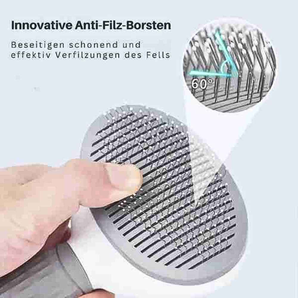 Detailansicht der Selbstreinigende Hundebürste "Anti Filz" – HUNDESCHATZ™ mit innovativen 60° Anti-Filz-Borsten. Diese Borsten sind speziell konzipiert, um Verfilzungen sanft und effektiv aus dem Fell zu entfernen, ohne die Haut des Haustieres zu reizen. Ideal für die gründliche und schonende Fellpflege.