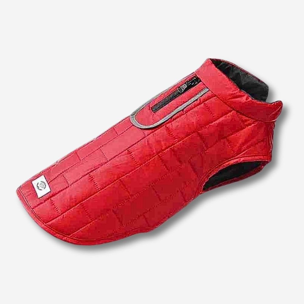 HUNDESCHATZ™ Hundemantel in Rot – Steppweste für Hunde, ideal für kaltes Wetter, bietet Komfort und Schutz bei winterlichen Spaziergängen.