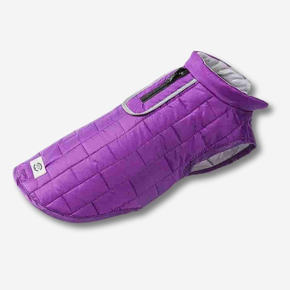 HUNDESCHATZ™ Hundemantel in Violett – Steppweste für Hunde, ideal für kaltes Wetter, mit Reißverschluss für einfachen Zugang und optimalem Schutz bei winterlichen Bedingungen.