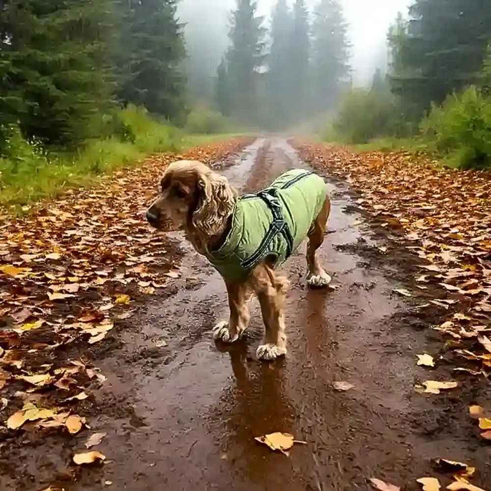 Hundemantel für Winter & Regen – Wasserdicht – HUNDESCHATZ™ in Grün, ideal für Spaziergänge bei kaltem Wetter.