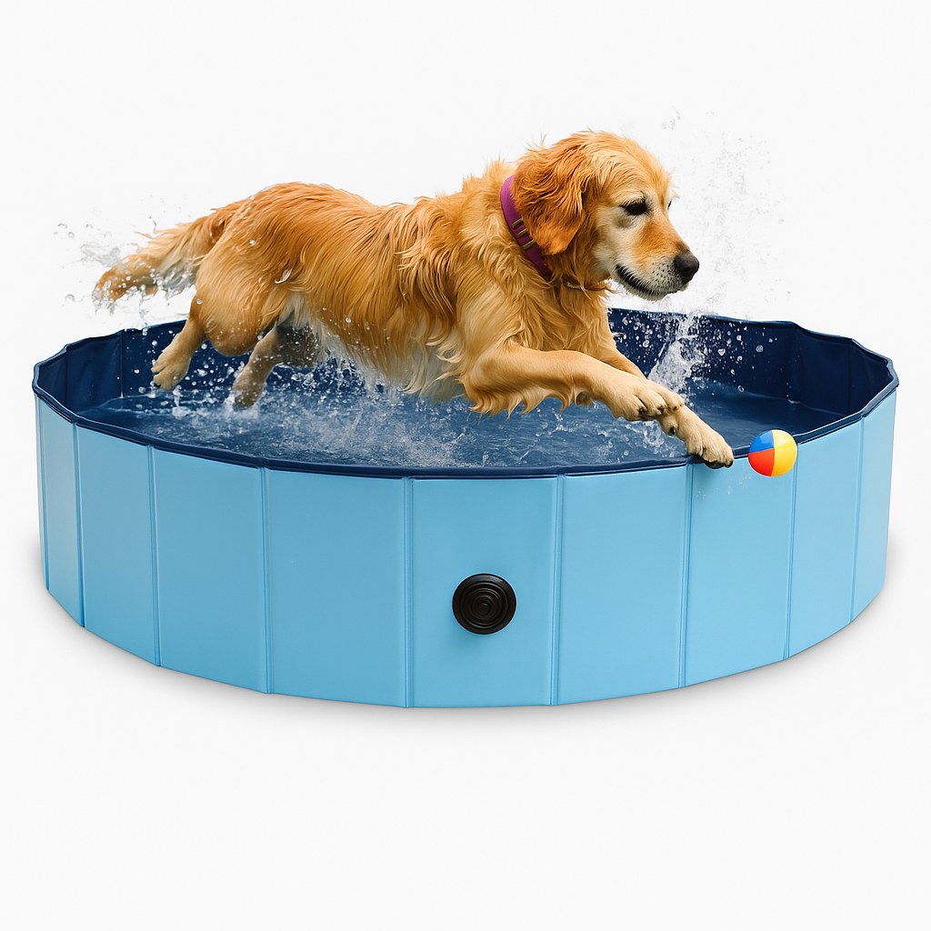 Golden Retriever springt in blauen Hundepool XXL – voller Wasserspaß an heißen Tagen