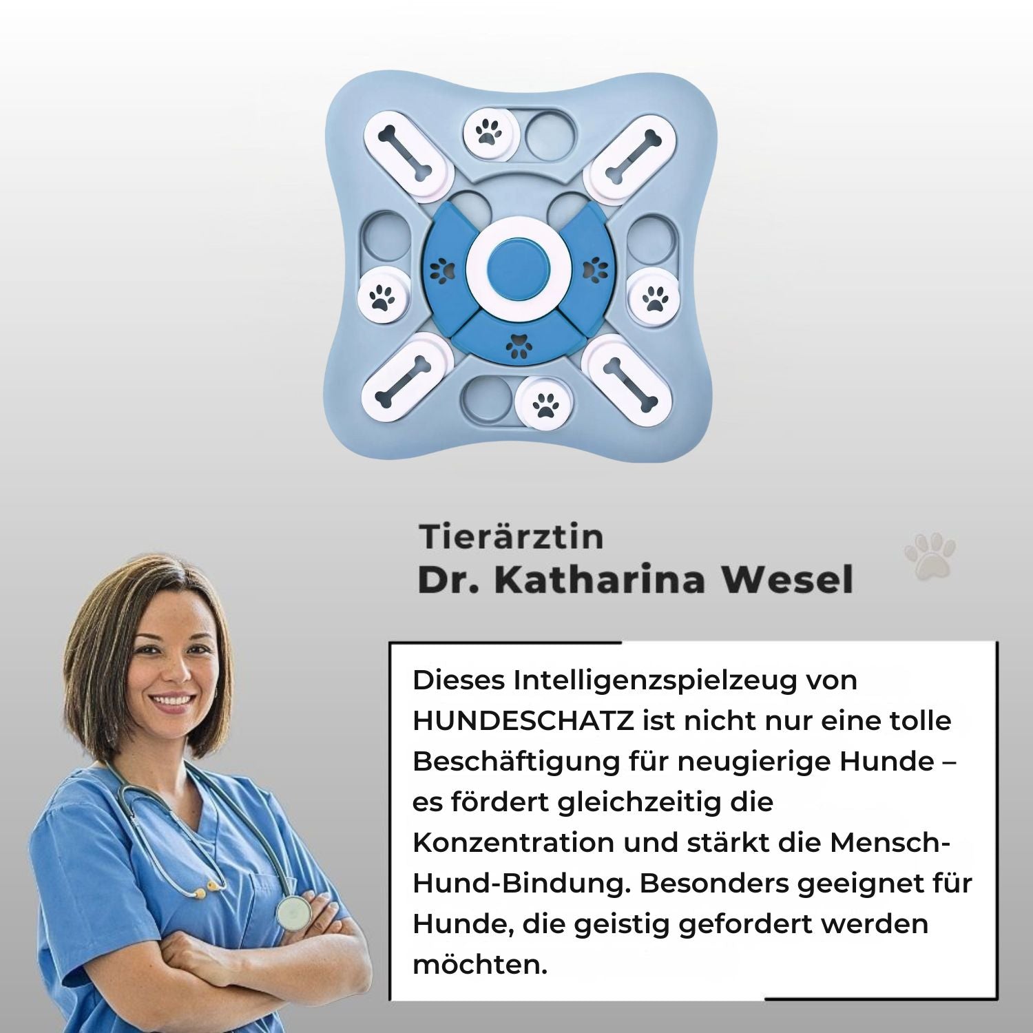 Tierärztin Dr. Katharina Wesel empfiehlt das Intelligenzspielzeug von HUNDESCHATZ als sinnvolle Beschäftigung zur Förderung der Konzentration und Mensch-Hund-Bindung.