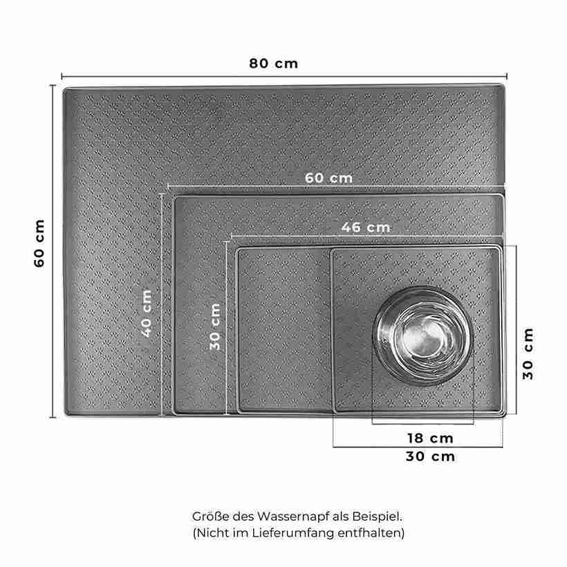 Napfunterlage für Hunde – HUNDESCHATZ™ in verschiedenen Größen (80x60 cm, 60x40 cm, 46x30 cm, 30x30 cm) – ideal für Futter- und Trinknäpfe, sorgt für saubere und hygienische Flächen.