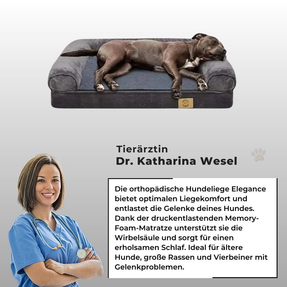 Tierärztin Dr. Katharina Wesel empfiehlt die orthopädische Hundeliege Elegance – gelenkschonender Liegekomfort mit druckentlastendem Memory-Foam für erholsamen Schlaf.