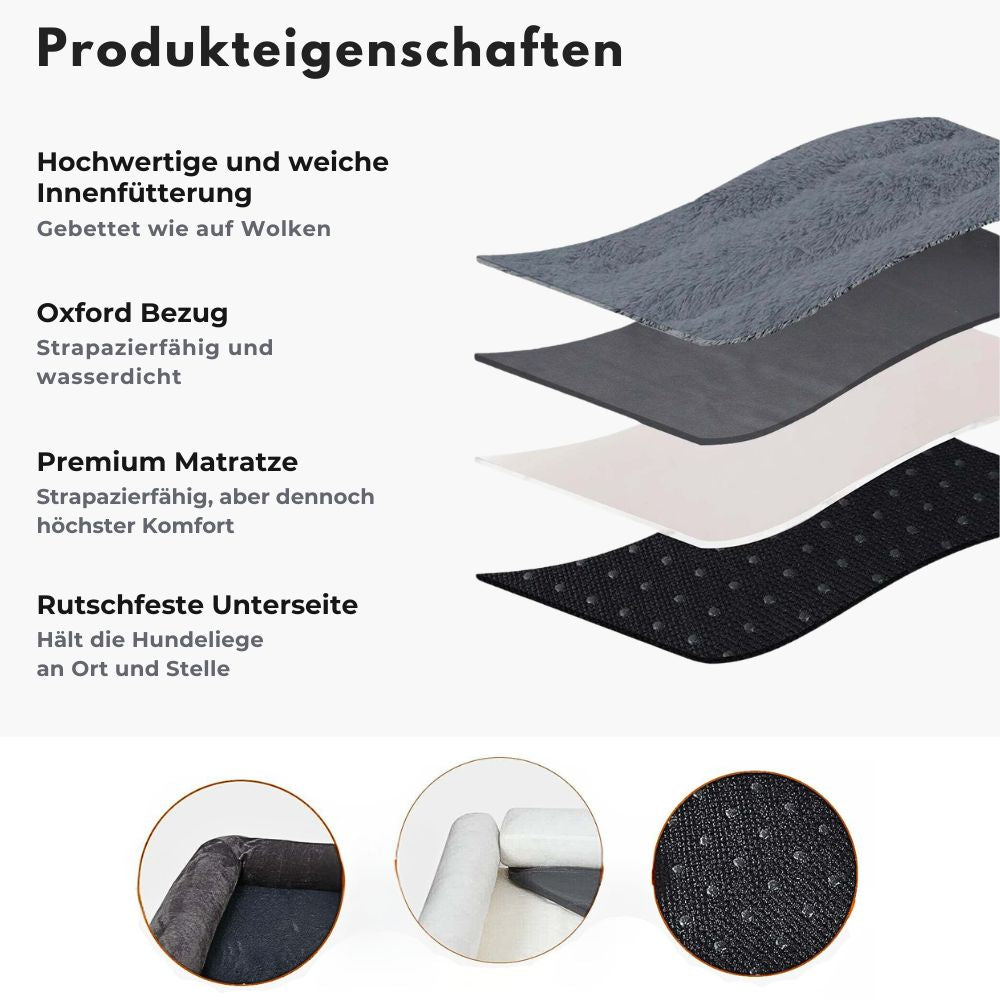 Produkteigenschaften der orthopädischen Hundeliege "Elegance" von HUNDESCHATZ™: weiche Innenfütterung, strapazierfähiger und wasserabweisender Oxford-Bezug, Premium-Matratze für höchsten Komfort und eine rutschfeste Unterseite für sicheren Halt.