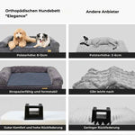 Vergleich zwischen der orthopädischen Hundeliege "Elegance" von HUNDESCHATZ™ und anderen Anbietern. Vorteile: höhere Polsterhöhe (8-12 cm), formstabil und strapazierfähig, hoher Komfort mit guter Rückfederung im Vergleich zu weniger stabilen Alternativen.