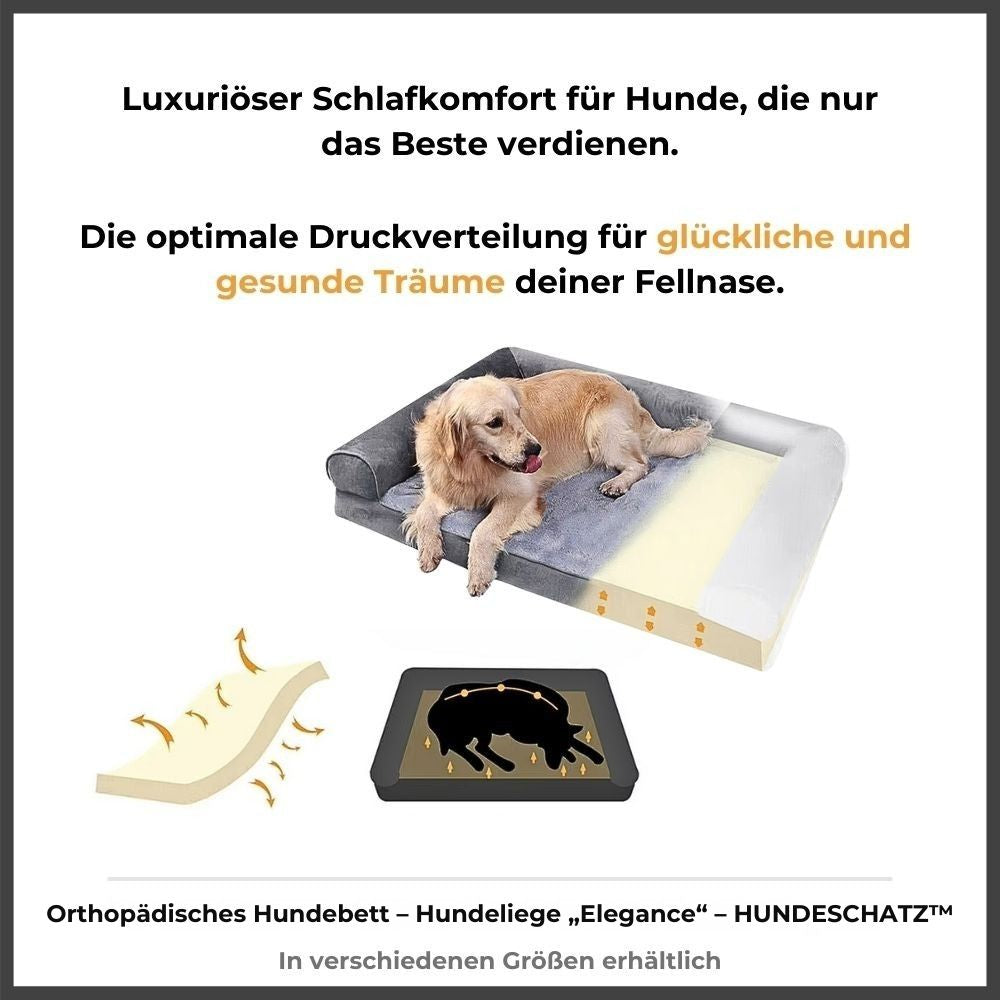 Orthopädische Hundeliege "Elegance" von HUNDESCHATZ™ mit optimaler Druckverteilung für gesunden Schlaf. Luxuriöser Schlafkomfort für Hunde mit ergonomischer Matratze für glückliche Träume.