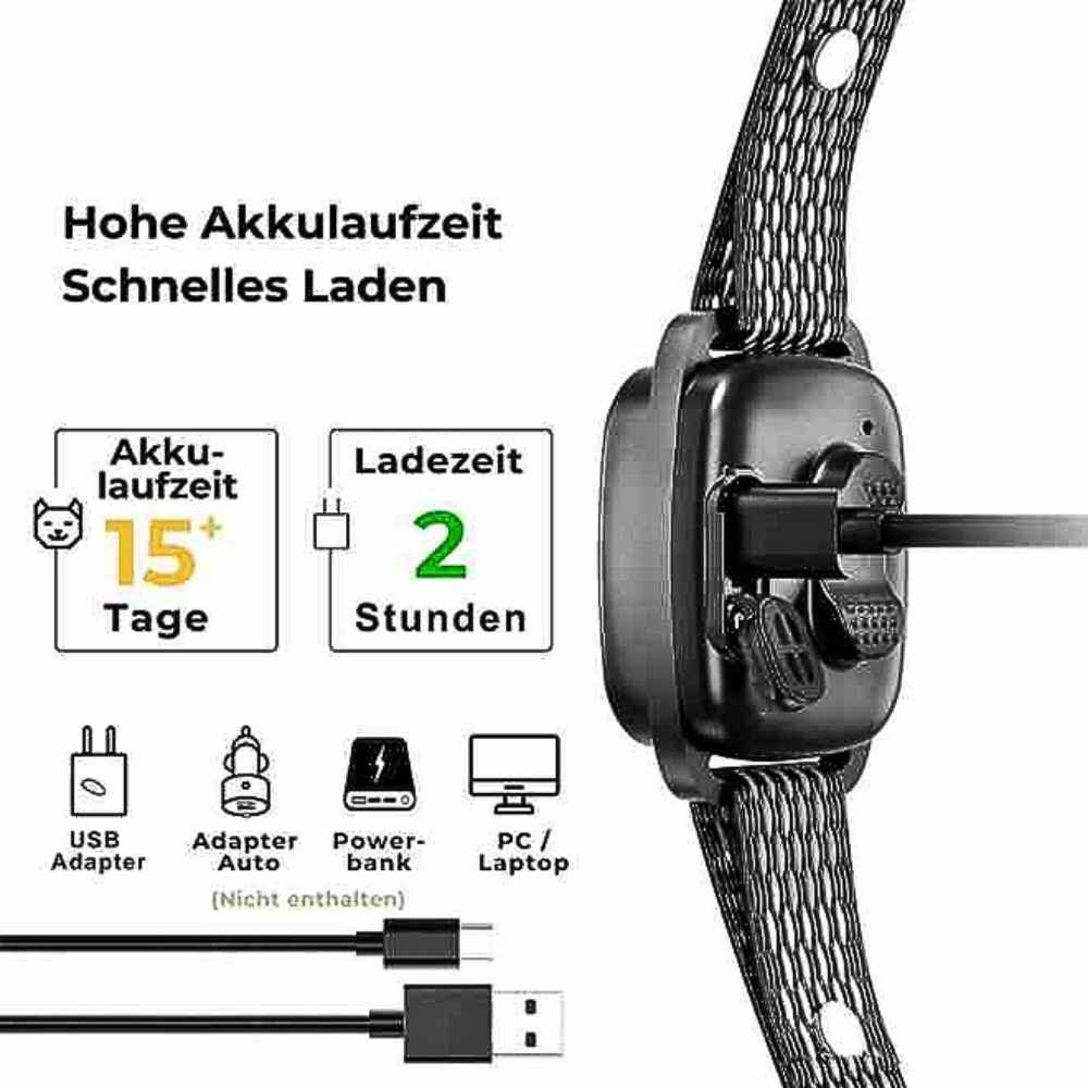 Detailansicht des HUNDESCHATZ™ Tierfreundlichen Anti Bell Halsbands mit über 15 Tagen Akkulaufzeit und schneller Ladezeit von nur 2 Stunden, kompatibel mit verschiedenen Ladegeräten wie USB-Adaptern, Powerbanks und Laptops – ideal für nachhaltiges Hundetraining.