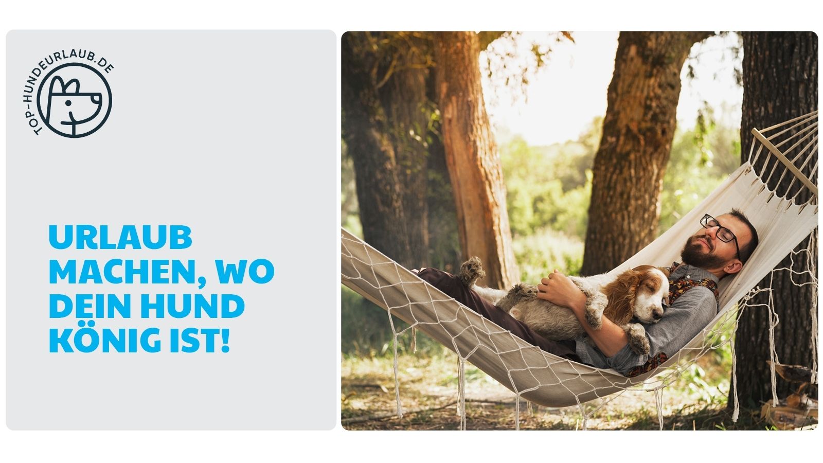 Titelbild Urlaub mit Hund – Mann entspannt mit Hund in der Hängematte im Grünen | Top-Hundeurlaub.de