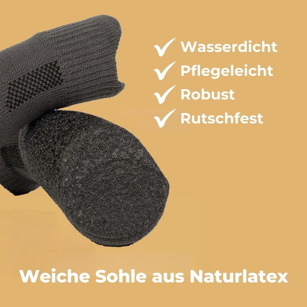 Wasserdichte, rutschfeste Hundeschuhe mit weicher Sohle aus Naturlatex. Robust, pflegeleicht und ideal für sicheren Halt auf jedem Untergrund.